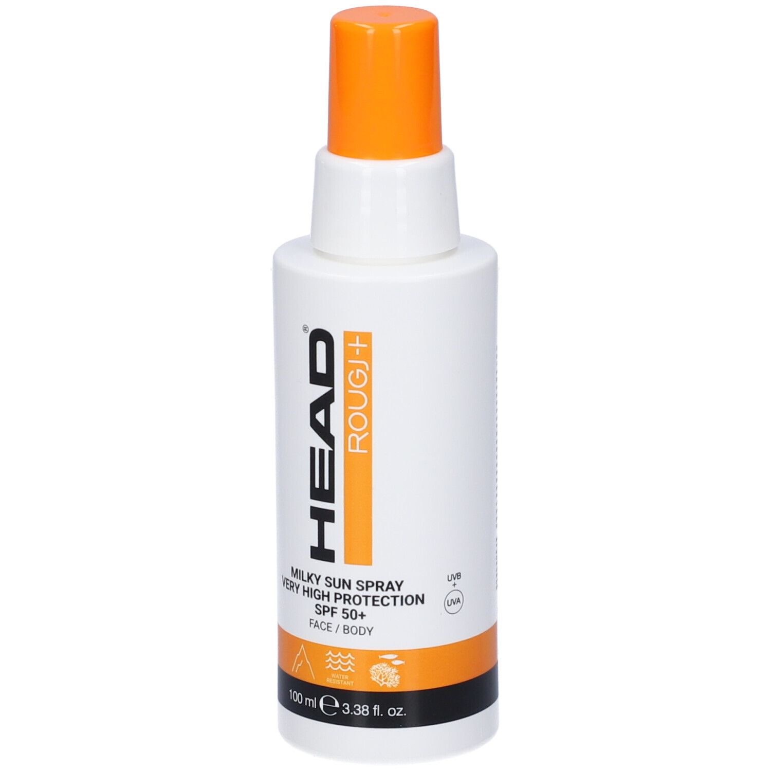 Flacone spray bianco con tappo arancione. Spray solare latte SPF 50+ per viso e corpo.