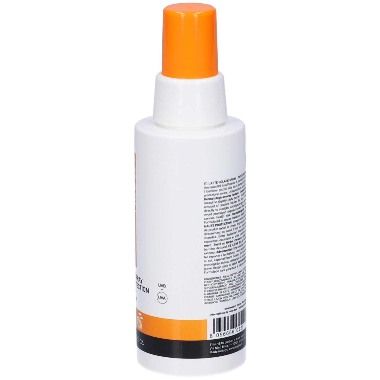 Vista laterale di un flacone spray bianco con tappo arancione. Mostra SPF 50+ e protezione UV.