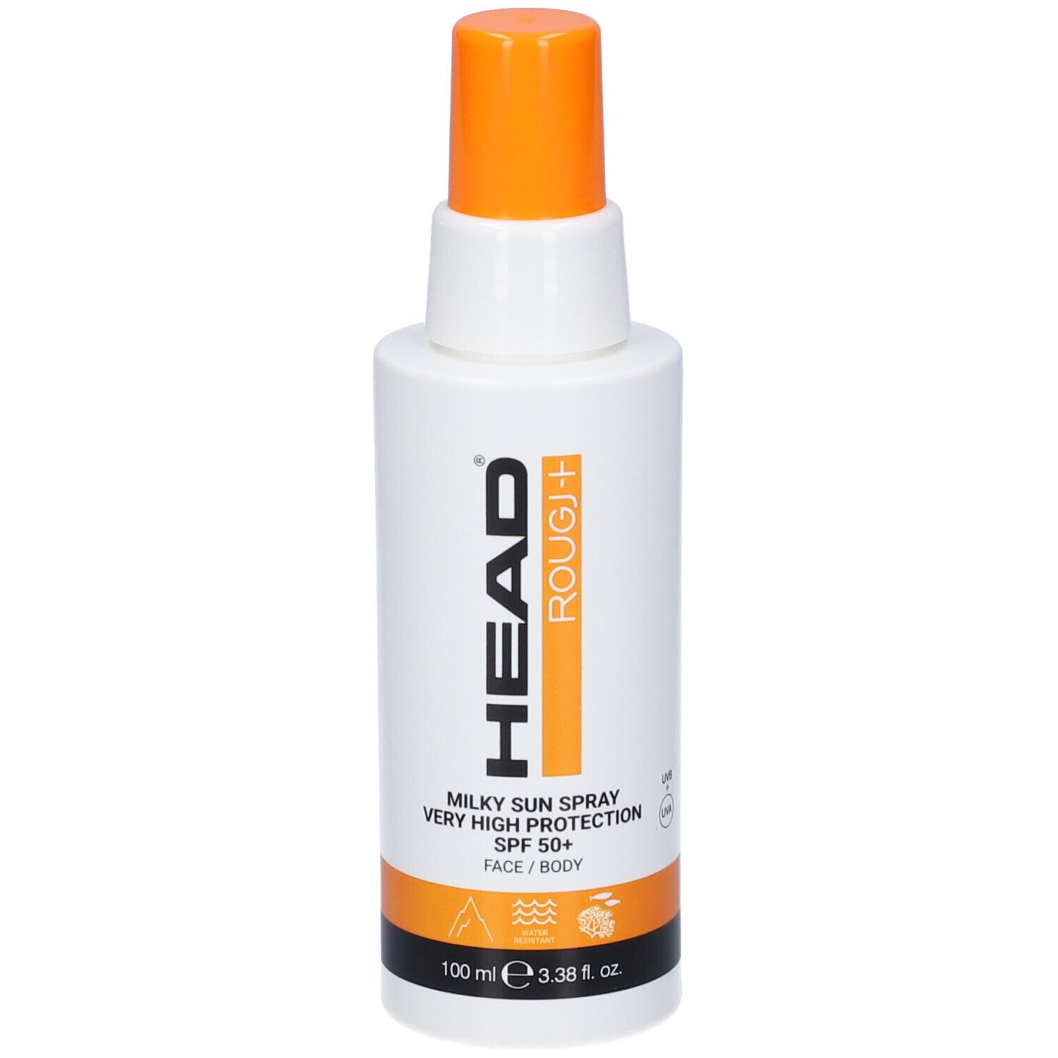 Flacone spray bianco con tappo arancione. Spray solare latte SPF 50+ per viso e corpo.