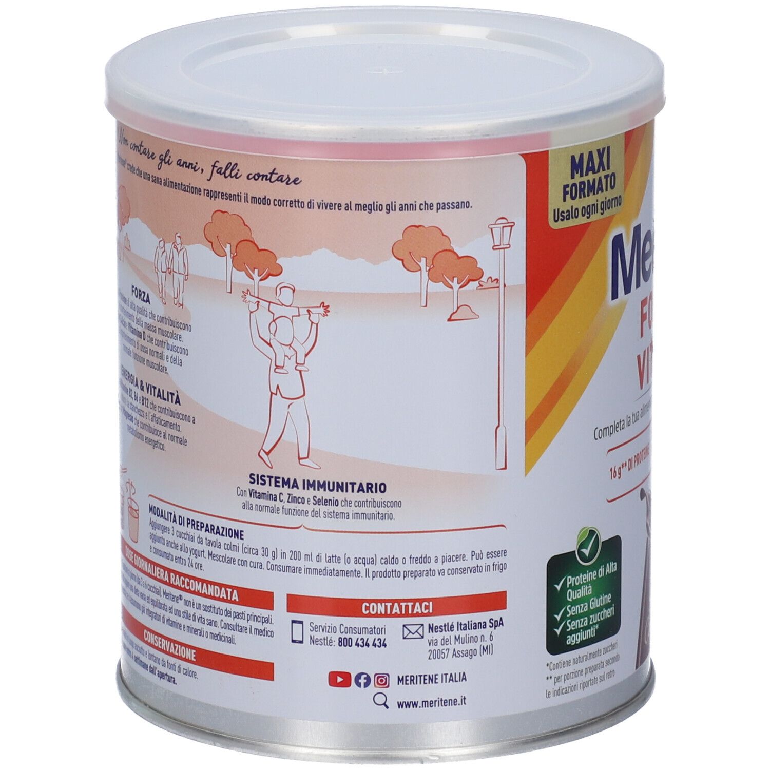 Retro di una lattina Meritene Forza e Vitalità con illustrazioni di persone e informazioni sul supporto immunitario.