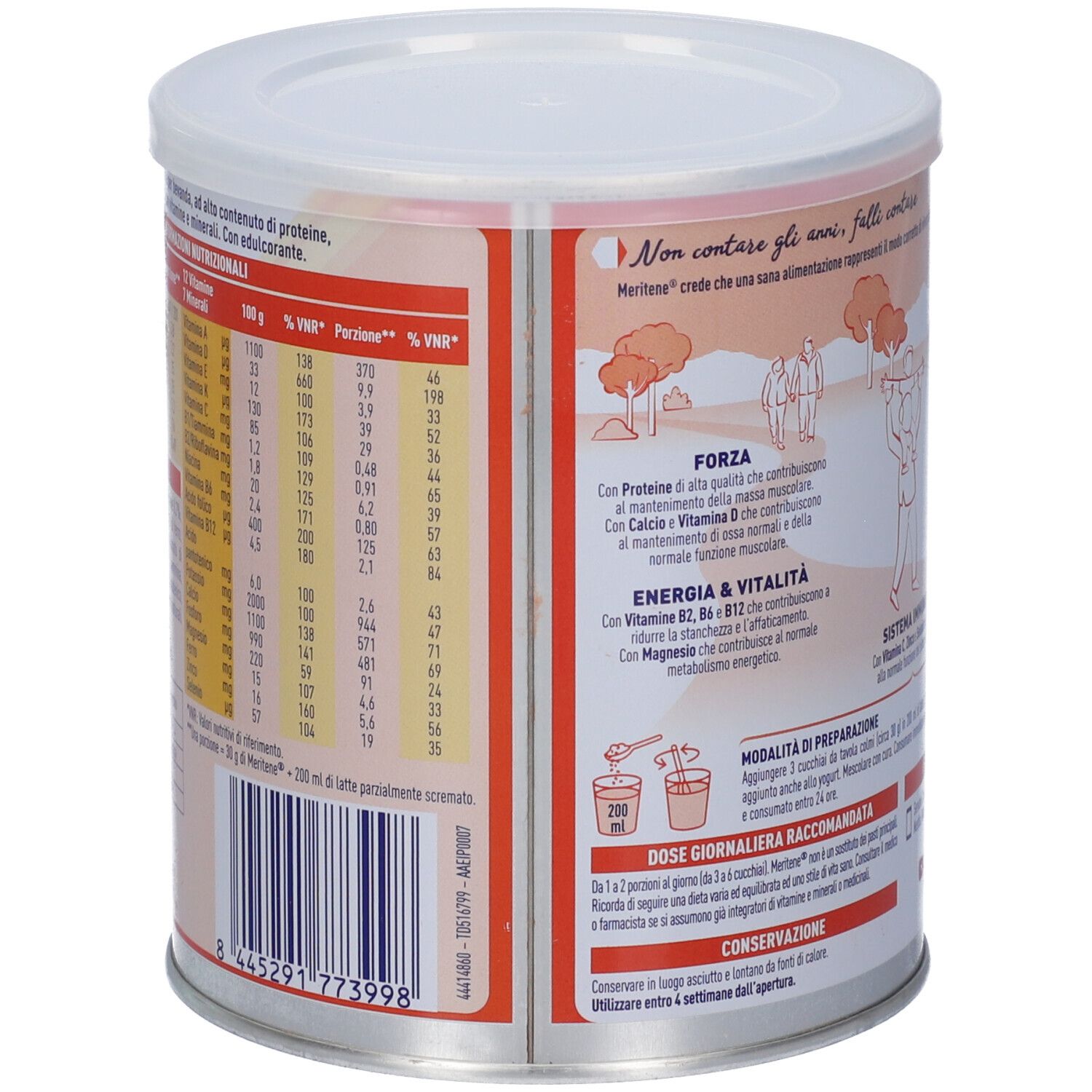 Lato di una lattina Meritene Forza e Vitalità con tabella nutrizionale, codice a barre e modalità di preparazione.