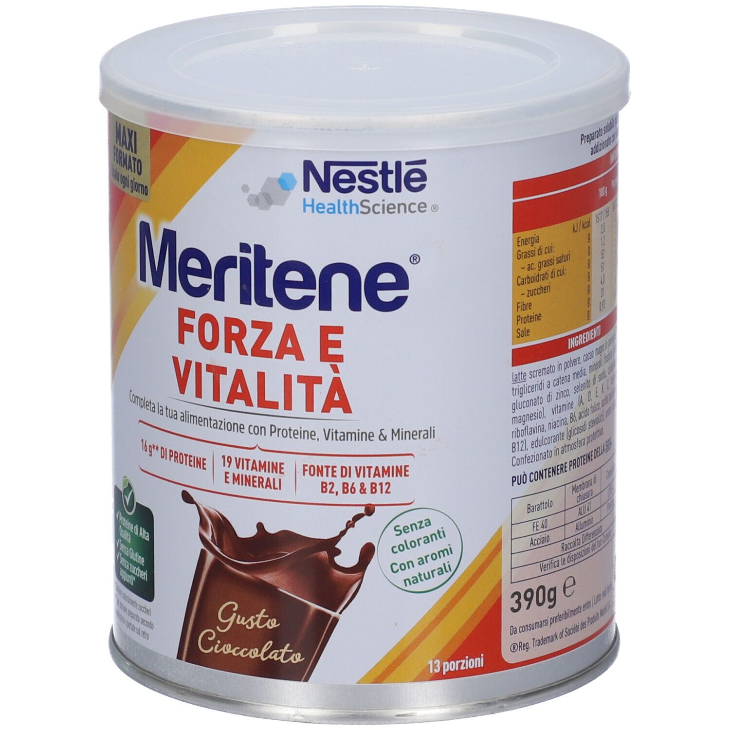 Lattina Meritene Forza e Vitalità gusto cioccolato con logo Nestlé Health Science e informazioni nutrizionali.