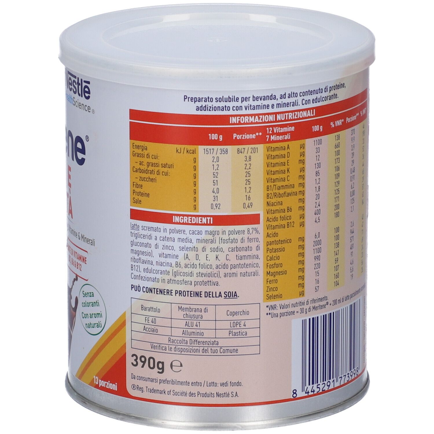 Retro di una lattina Meritene Forza e Vitalità con informazioni nutrizionali dettagliate e lista ingredienti.