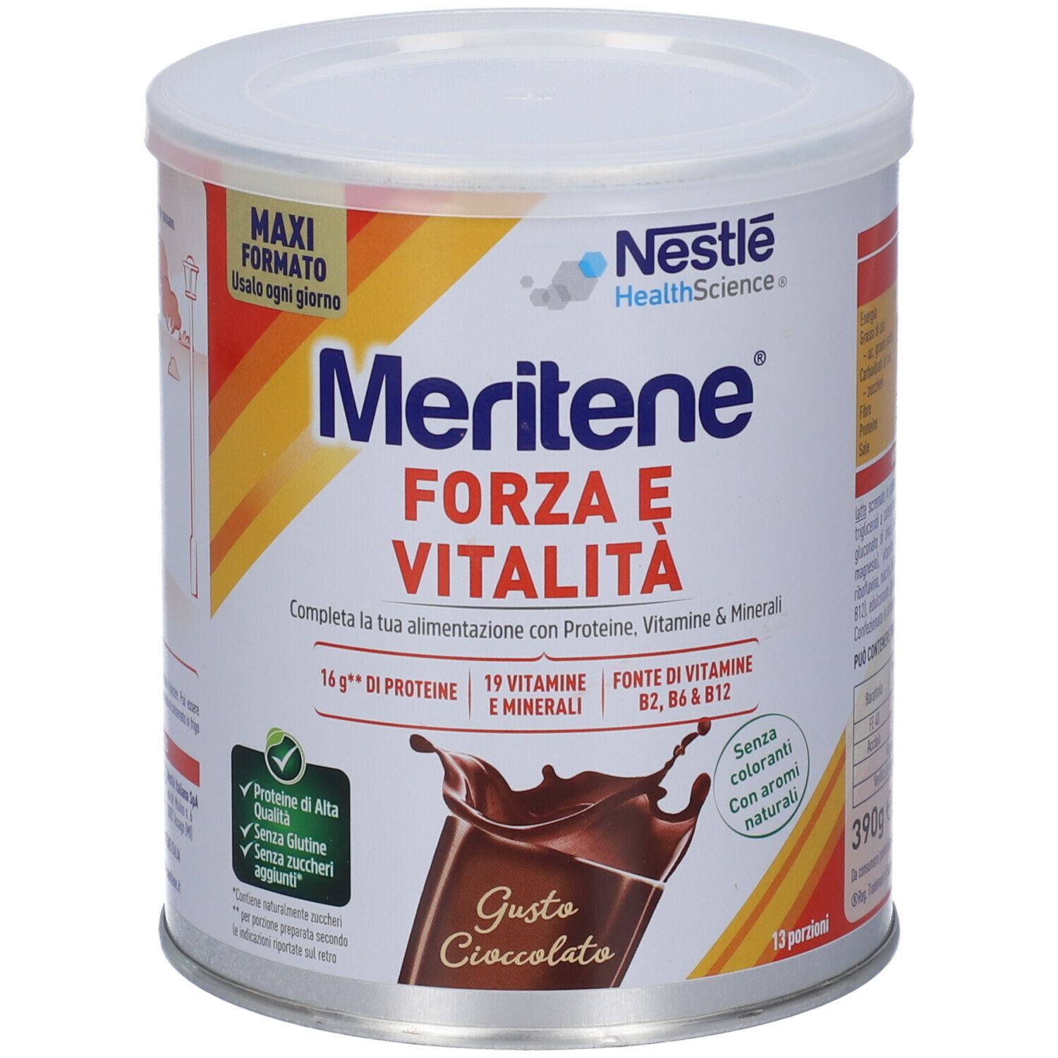 Lattina Meritene Forza e Vitalità gusto cioccolato con logo Nestlé Health Science, informazioni nutrizionali e preparazione.