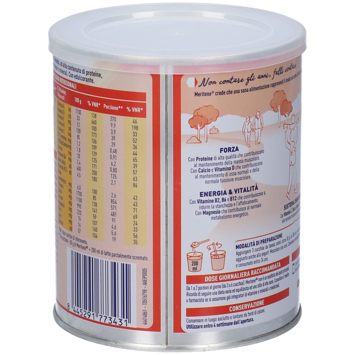Lato della lattina Nestlé Meritene Forza e Vitalità Vaniglia con tabella nutrizionale e codice a barre.
