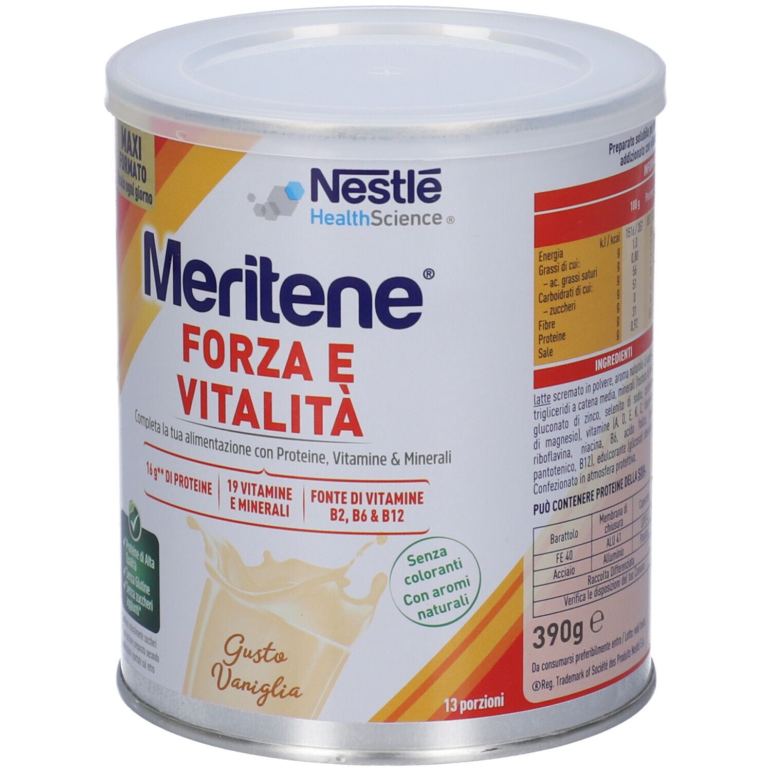 Nestlé Meritene Forza e Vitalità Vaniglia in polvere in lattina. Confezione da 390g, 13 porzioni.