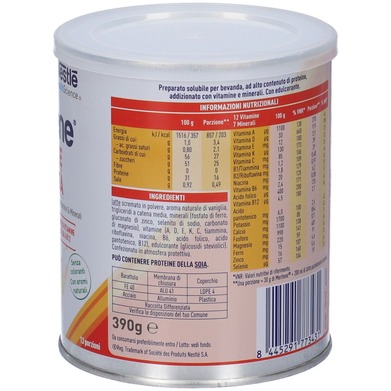 Nestlé Meritene Forza e Vitalità Vaniglia in polvere in lattina. Ingredienti e informazioni nutrizionali sul retro.