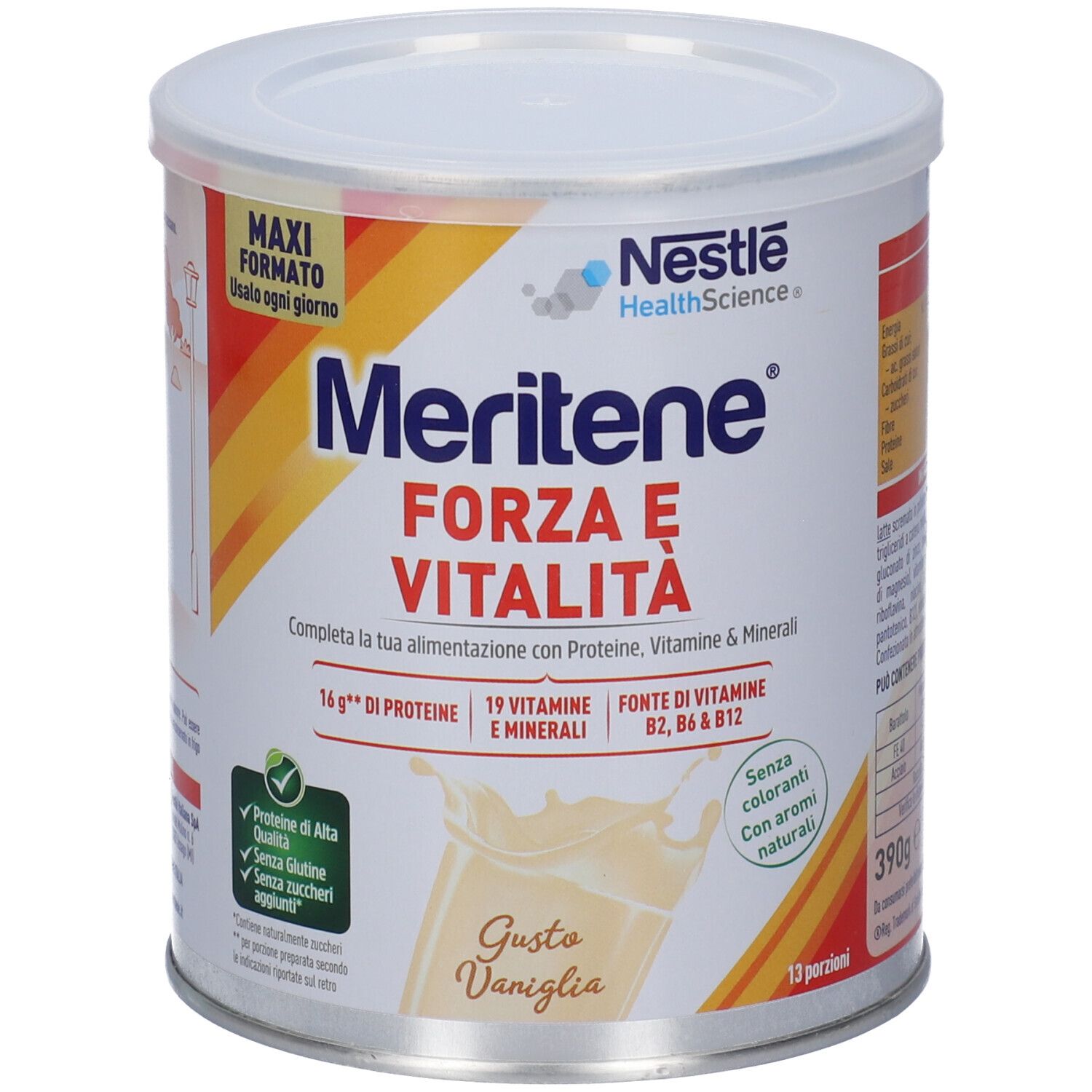 Nestlé Meritene Forza e Vitalità Vaniglia in polvere in lattina. Maxi formato, 390g, 13 porzioni.