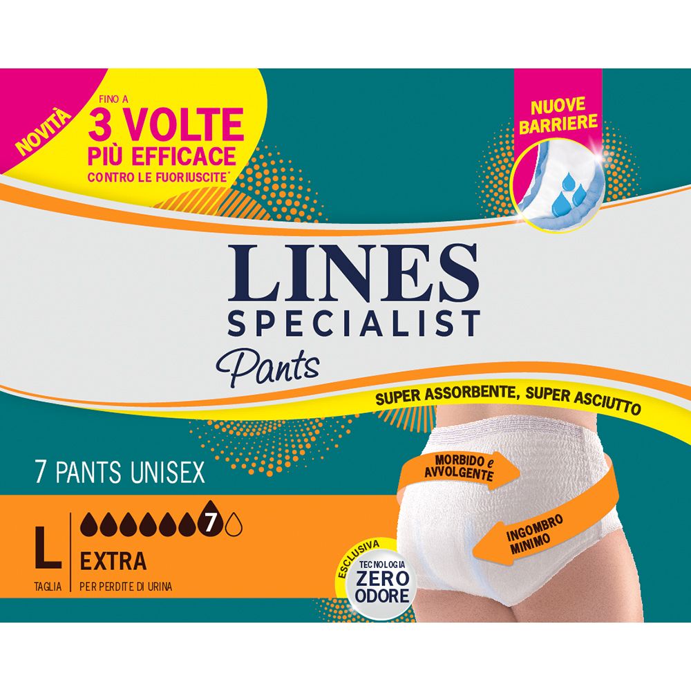 Confezione Lines Specialist Pants. Unisex, taglia L, Extra. 7 pezzi. Caratteristiche e loghi del prodotto.