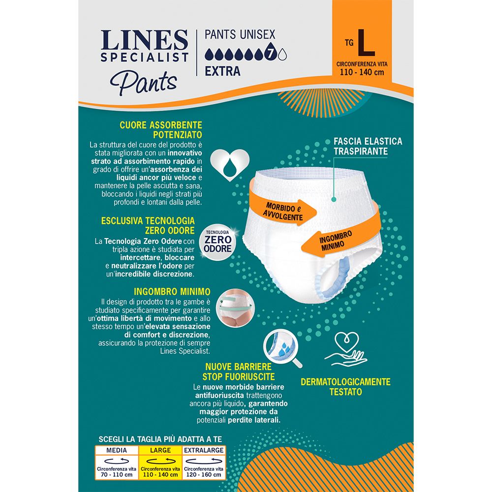 Retro confezione Lines Specialist Pants. Unisex, taglia L, Extra. Caratteristiche, loghi e taglie.