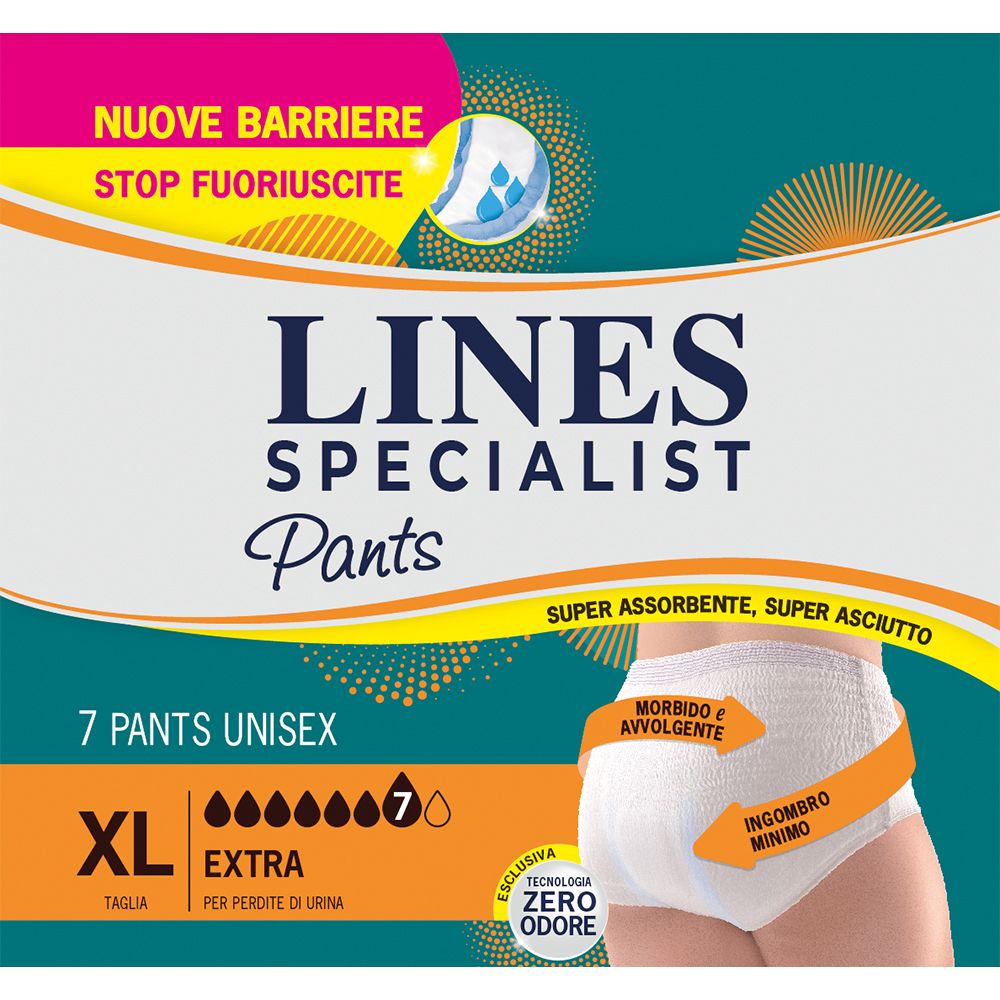 Lines Specialist Pants Unisex Extra XL. Confezione con immagine del prodotto. Scritte: Super assorbente, Zero Odore, 7 pezzi.