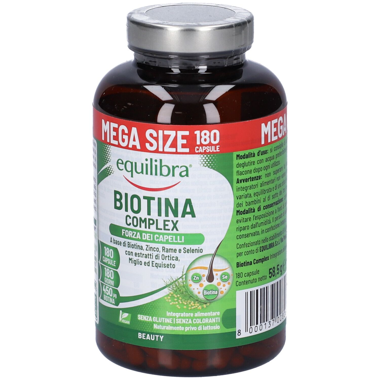 Flacone marrone con capsule. Scritta: Equilibra Biotina Complex, 180 capsule. Etichetta verde-bianca con informazioni.