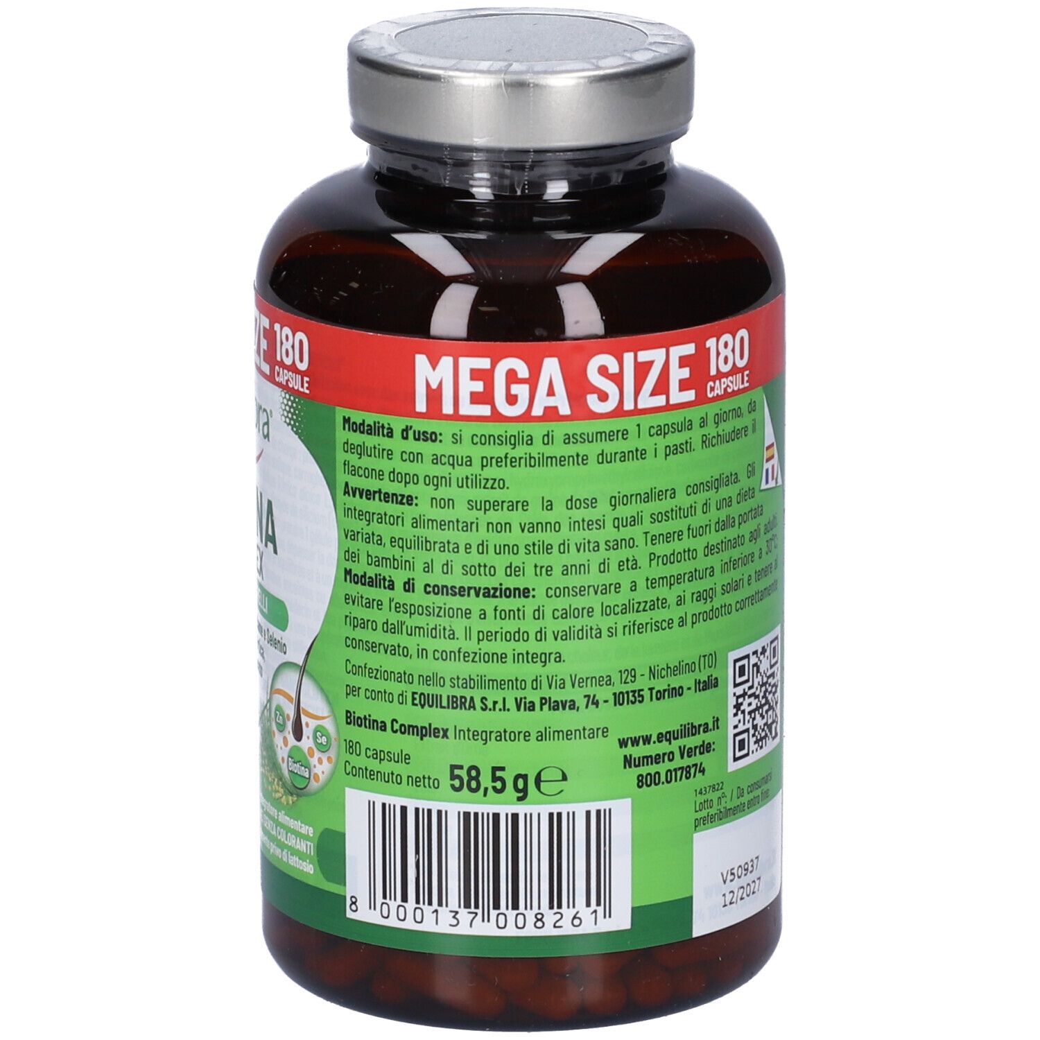 Retro del flacone con testo. Informazioni sull'uso e ingredienti. Testo in italiano.