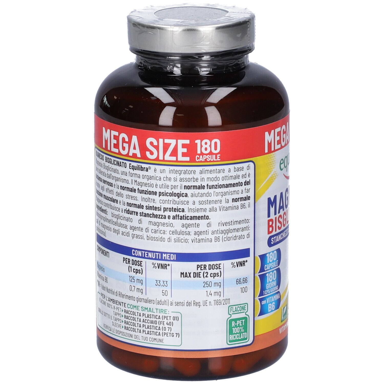 Retro del flacone. Contiene informazioni sugli ingredienti e i valori nutrizionali. 180 capsule. Senza glutine, coloranti, lattosio.