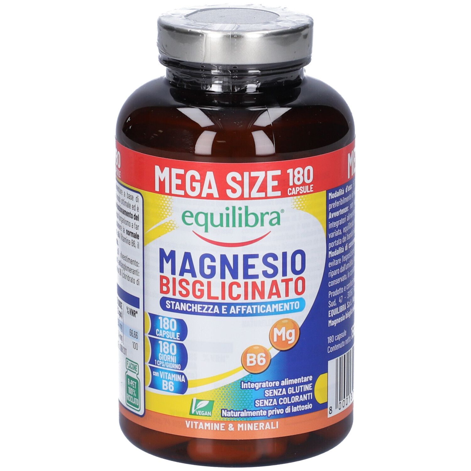 Flacone marrone di capsule. Scritta: Equilibra, Magnesio Bisglicinato, 180 capsule. Contiene vitamina B6. Vegan.