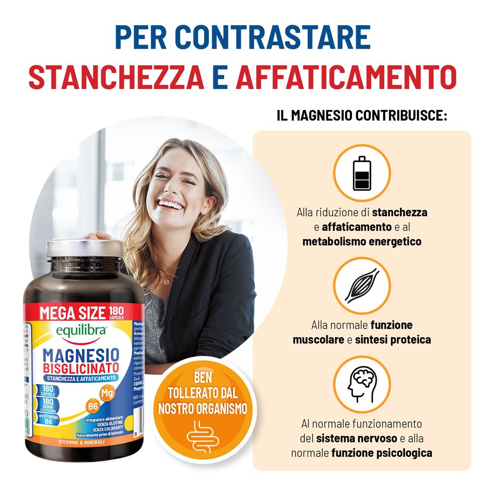Equilibra Magnesio Bisglicinato Capsule, 180 pezzi. Per contrastare stanchezza e affaticamento.