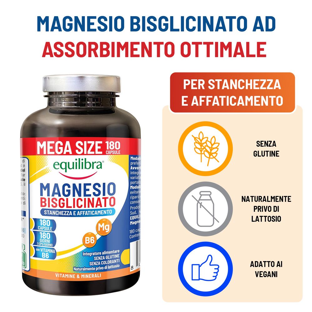Flacone di capsule di Magnesio Bisglicinato. Per stanchezza e affaticamento. Senza glutine, senza lattosio, vegano.