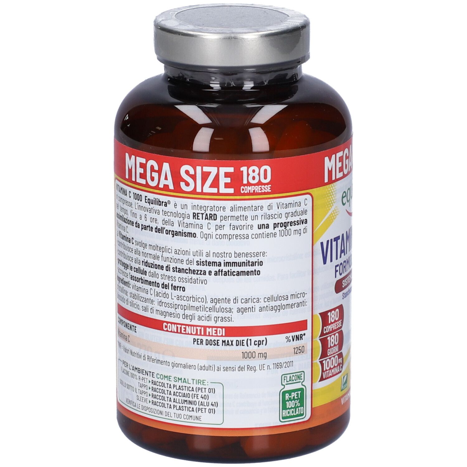 Retro del flacone con informazioni. Testo: Vitamina C 1000 Equilibra, ingredienti, valori nutrizionali, istruzioni.