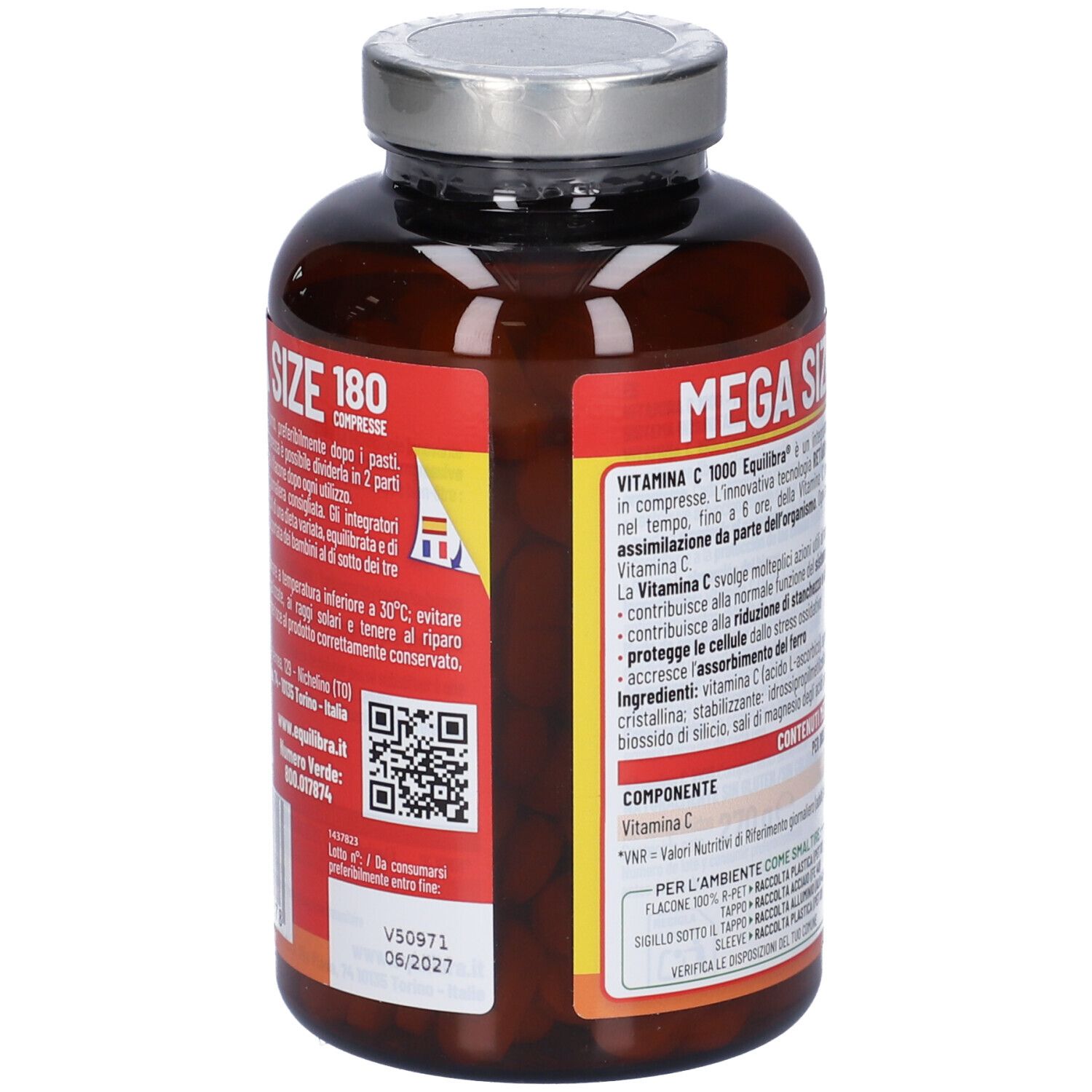 Retro del flacone con testo e QR code. Testo: Vitamina C 1000 Equilibra, ingredienti, scadenza.