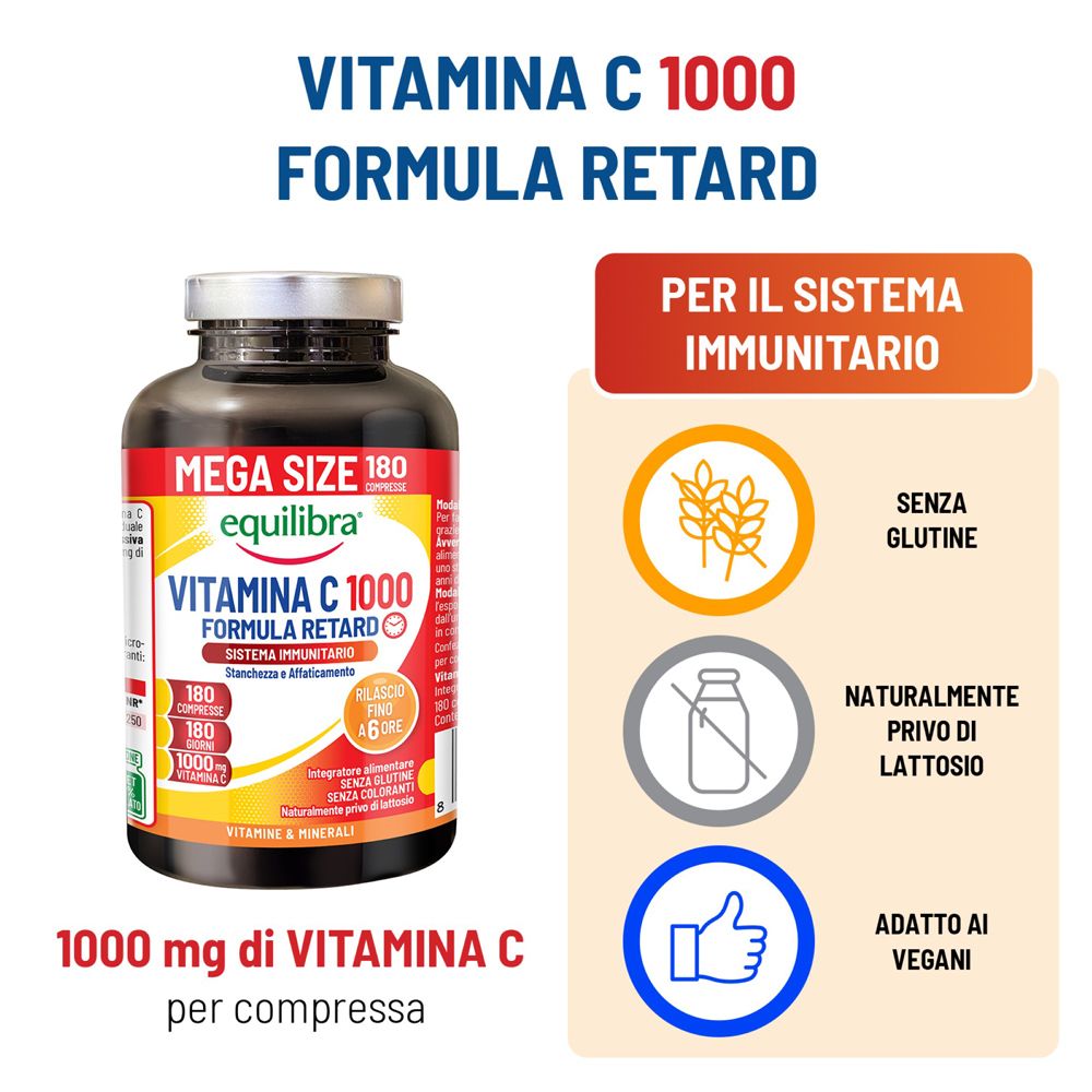 Equilibra Vitamina C 1000 Formula Retard Capsule, 180 pezzi. Per il sistema immunitario. Senza glutine, naturalmente privo di lattosio, adatto ai vegani.