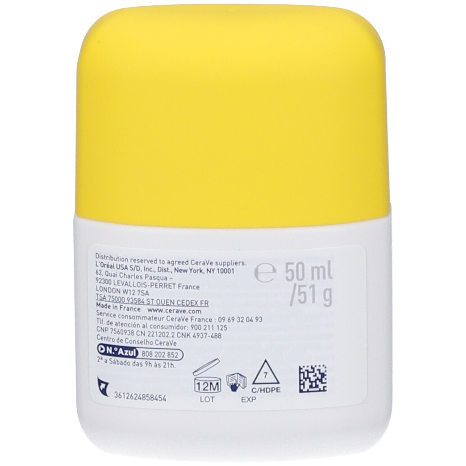 Retro del flacone. Scritta CeraVe, ingredienti, 50 ml/51 g e altre informazioni.