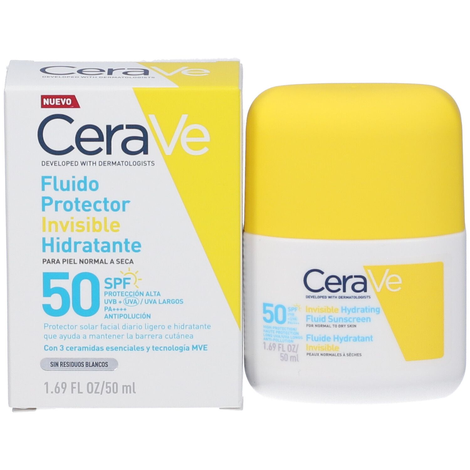 Confezione e flacone. Scritta CeraVe, Fludo Protector Invisible Hidratante, SPF 50.