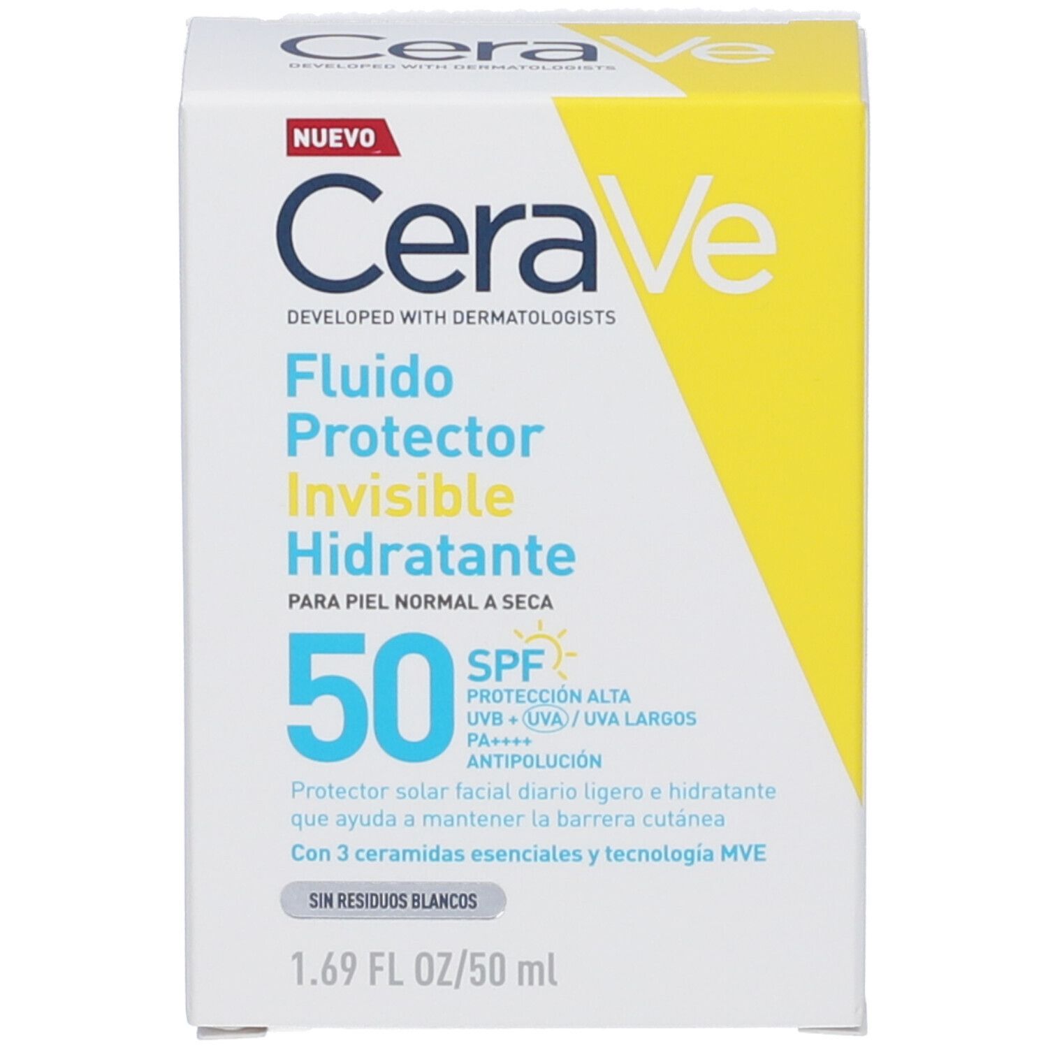 Confezione del prodotto. Scritta CeraVe, Fludo Protector Invisible Hidratante, SPF 50.