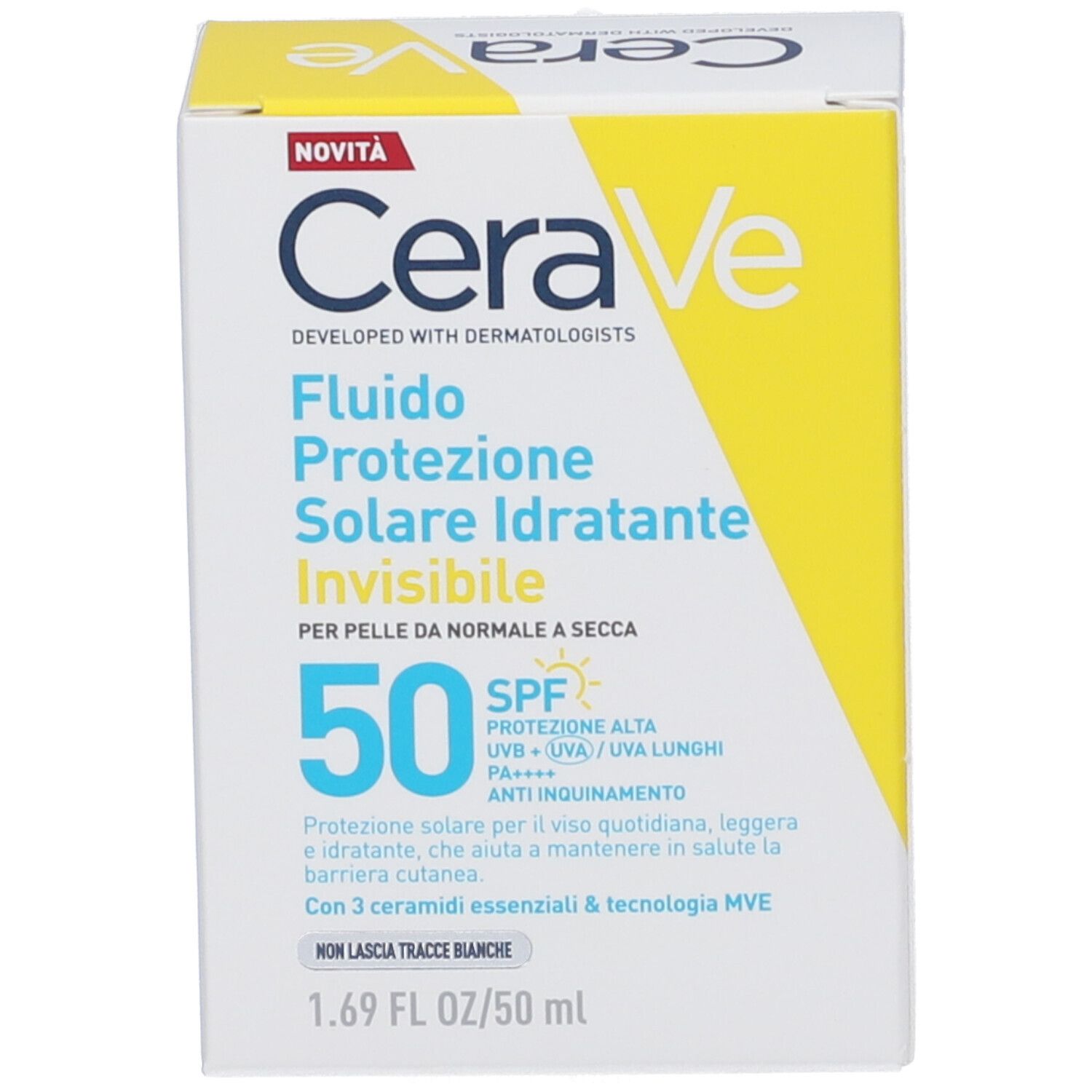 Confezione del prodotto. Scritta CeraVe, Fludo Protezione Solare Idratante Invisibile, SPF 50.
