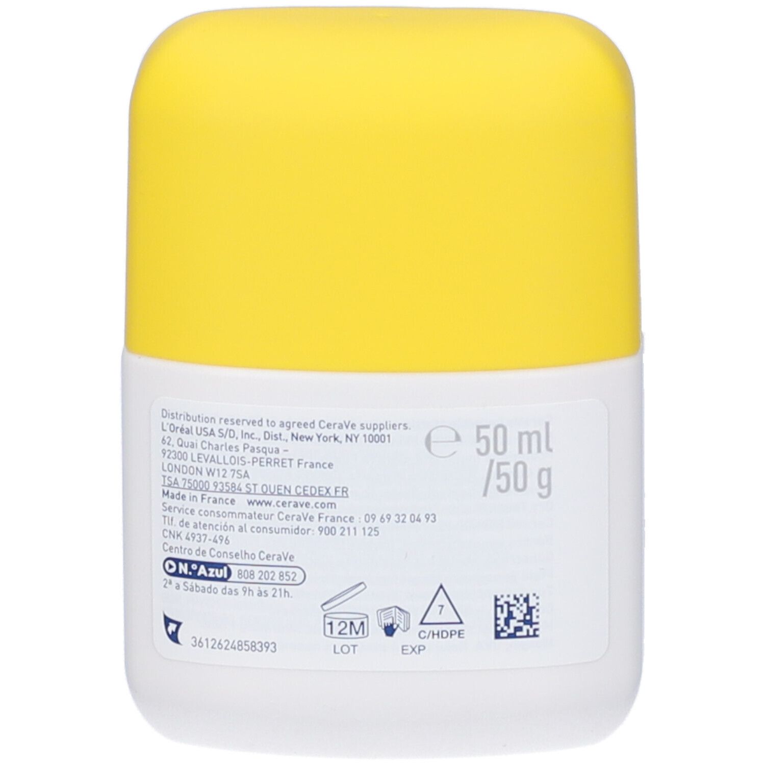 Retro del flacone di protezione solare CeraVe. Tappo giallo, flacone bianco. Testo: 50 ml/50 g, ingredienti, loghi.