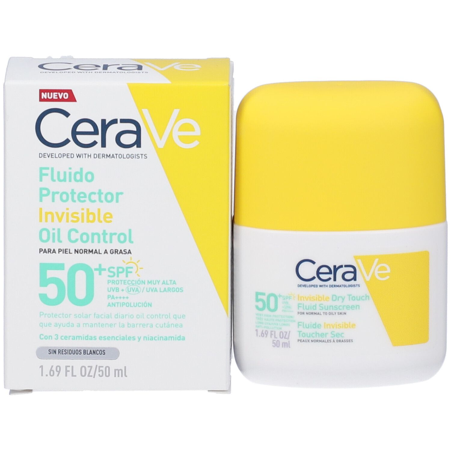 Protezione solare CeraVe e confezione. Scatola bianca con dettagli gialli. Testo: 50+, nome prodotto, 50 ml.