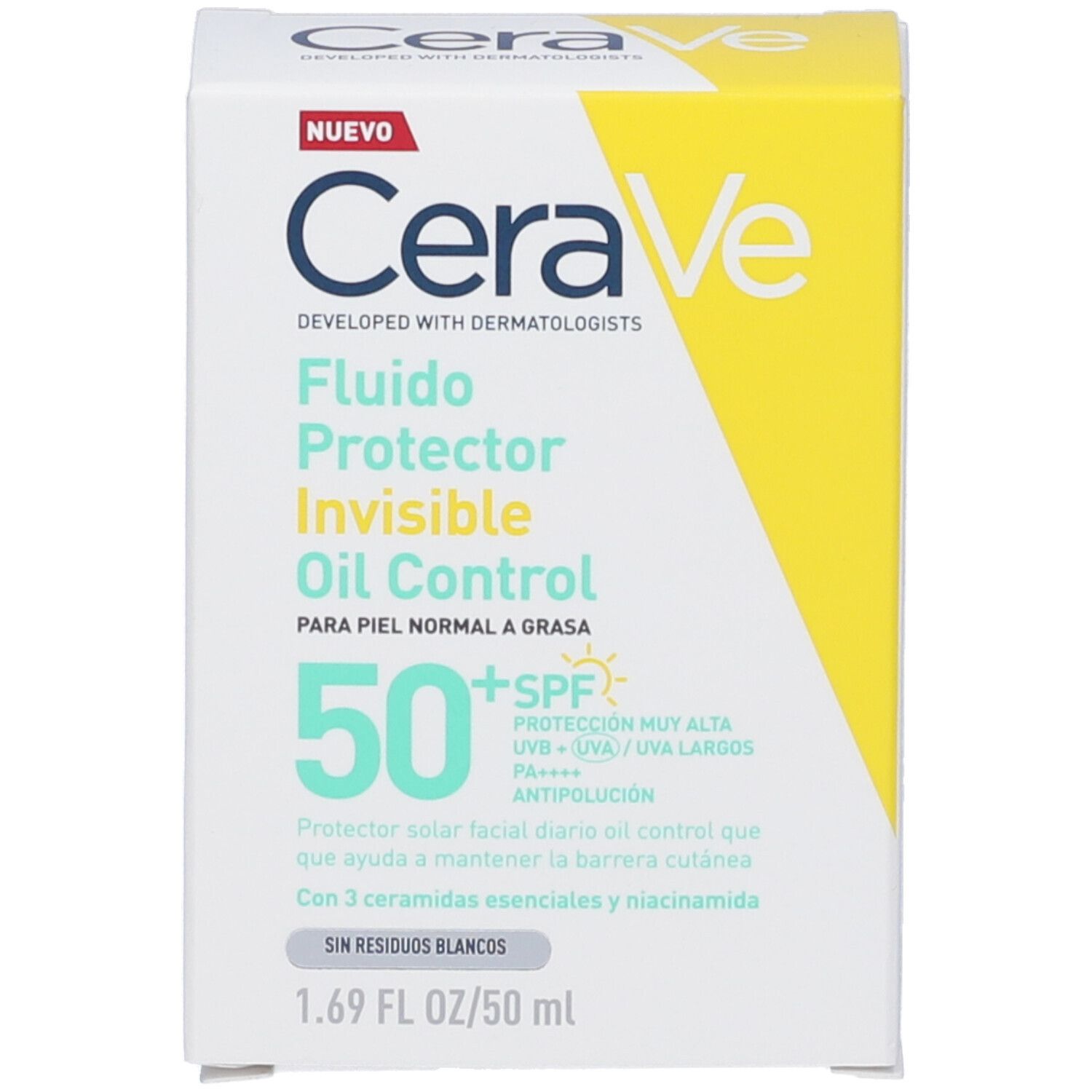 Scatola bianca con dettagli gialli. Testo: CeraVe, nome prodotto, 50+ SPF, 50 ml.