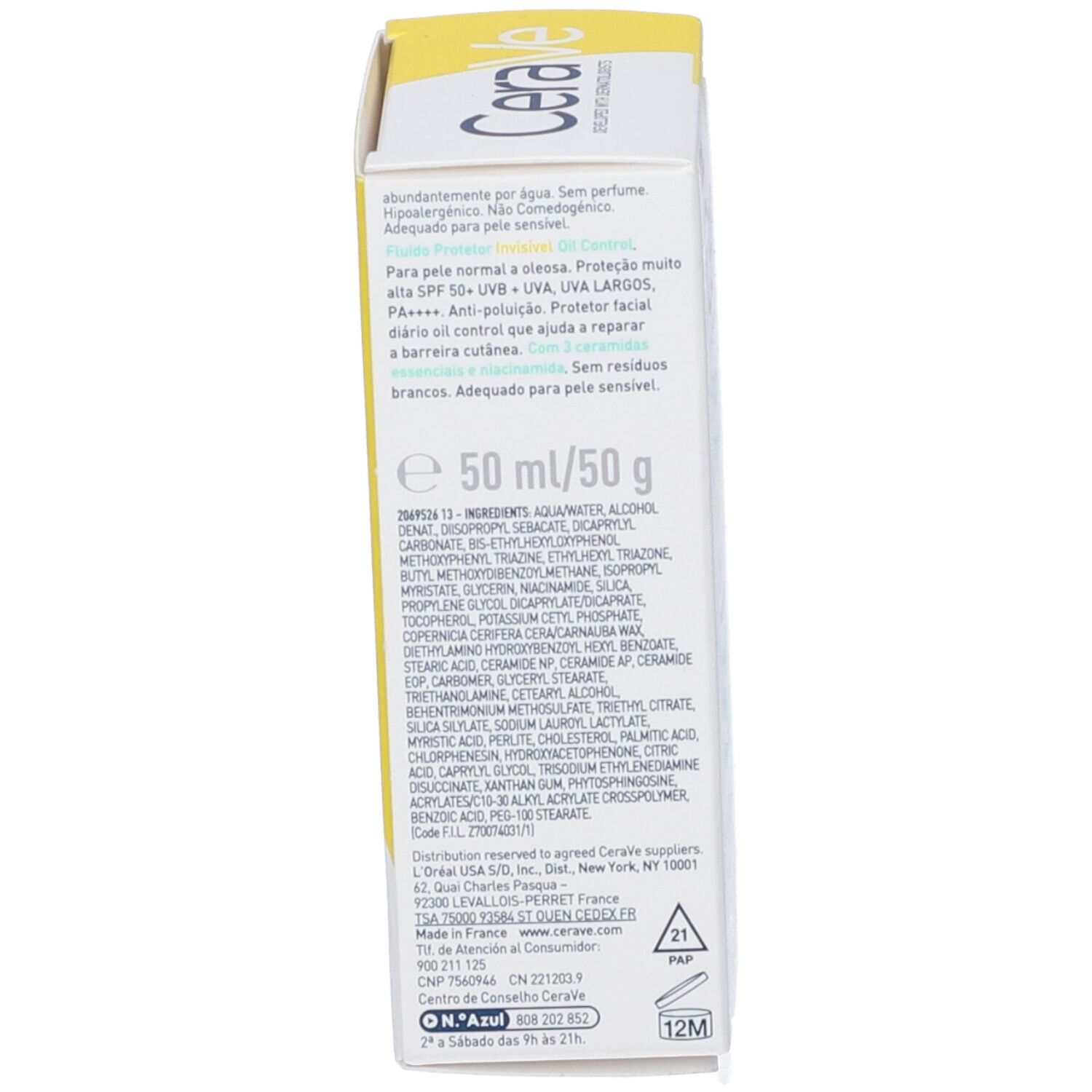 Lato della confezione CeraVe. Testo: ingredienti, 50 ml, loghi, avvertenze.