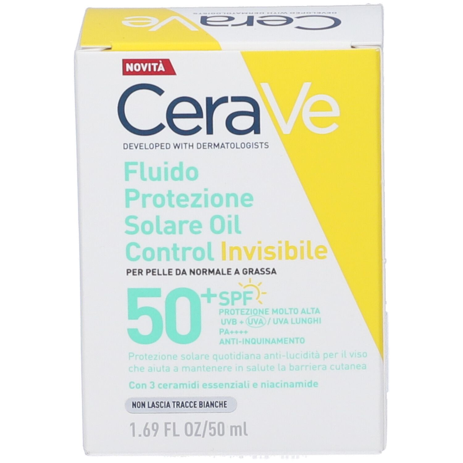 Confezione CeraVe. Testo: nome prodotto, 50+ SPF, 50 ml, 'Novità'.