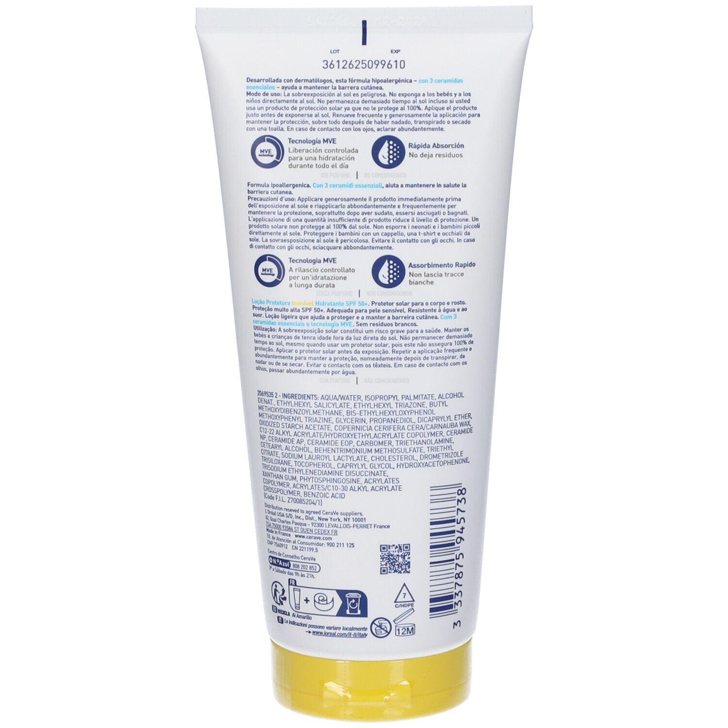 Retro del tubo bianco con tappo giallo. Testo multilingue. Contiene informazioni sugli ingredienti e l'uso.