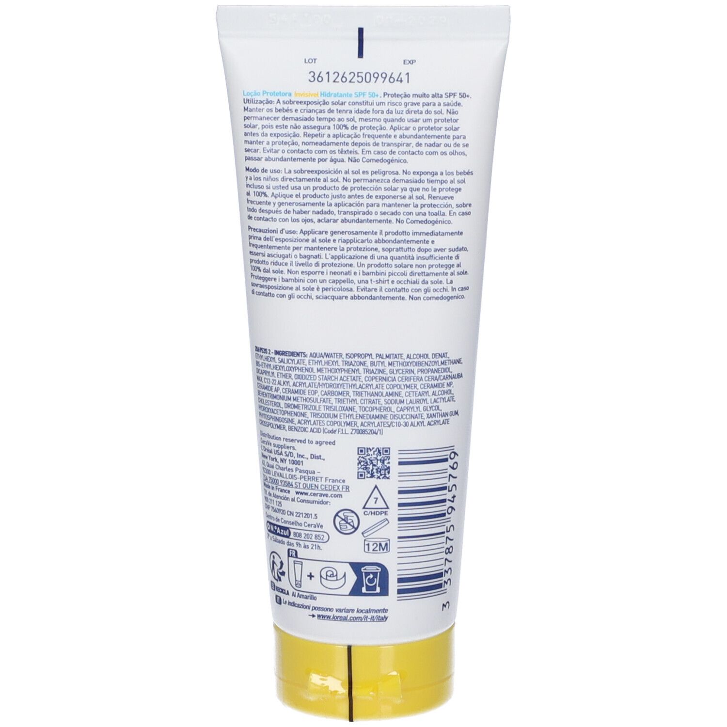 Retro del tubo. Testo multilingue. Tappo giallo. Codice QR e simboli. Durata: 12M.