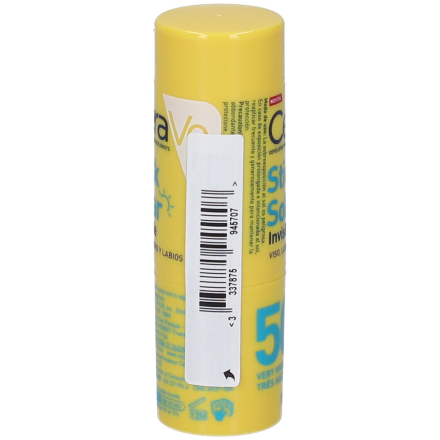 Stick solare giallo con etichetta codice a barre. Marchio: CeraVe. Testo: Stick Solare Invisibile, SPF 50+.