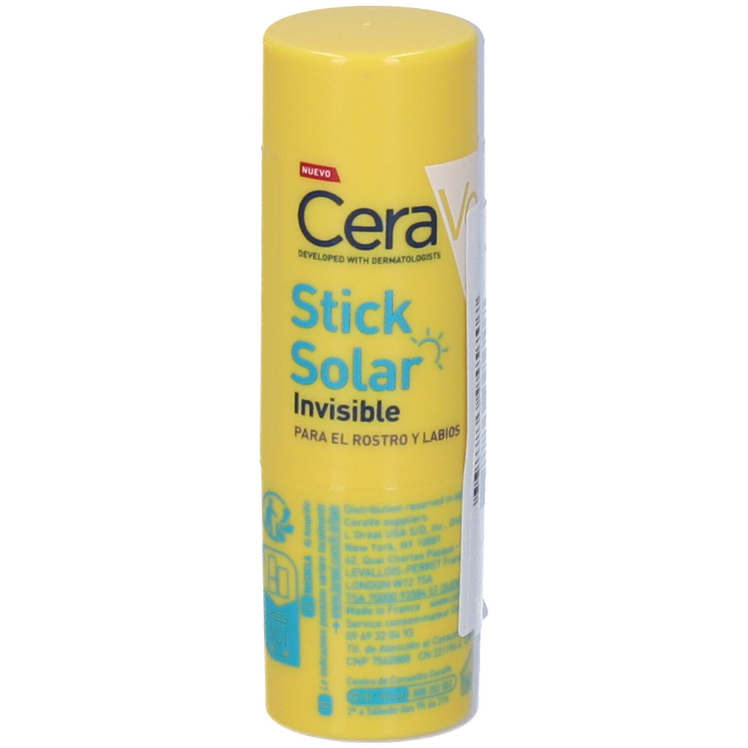 Stick solare giallo con scritte bianche. Marchio: CeraVe. Testo: Stick Solar Invisibile, SPF 50+.