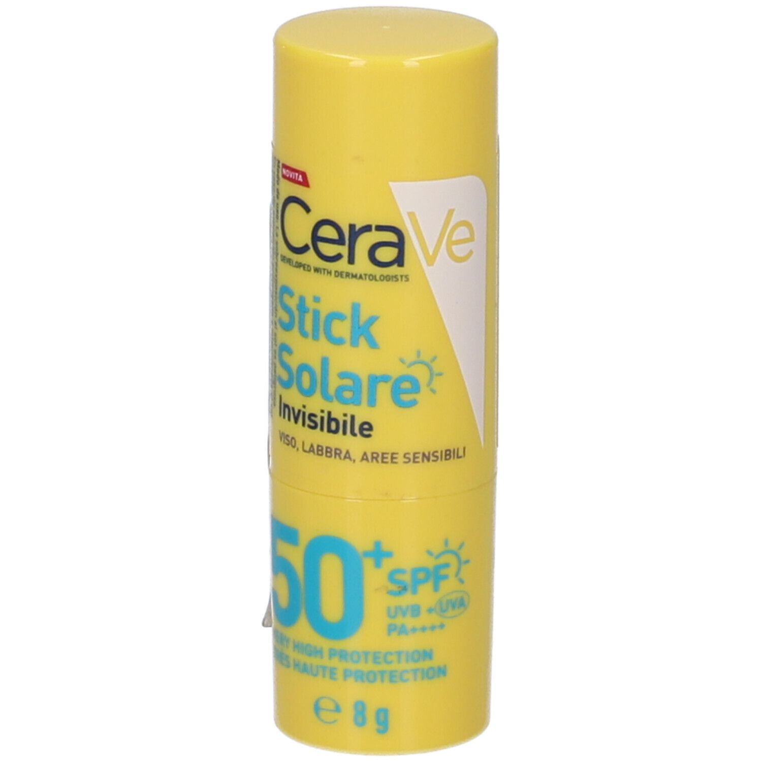 Stick solare giallo con scritte bianche. Marchio: CeraVe. Testo: Stick Solare Invisibile, SPF 50+.