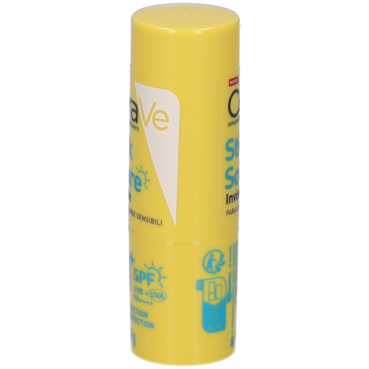 Stick solare giallo con scritte bianche. Marchio: CeraVe. Testo: Stick Solare Invisibile, SPF 50+.
