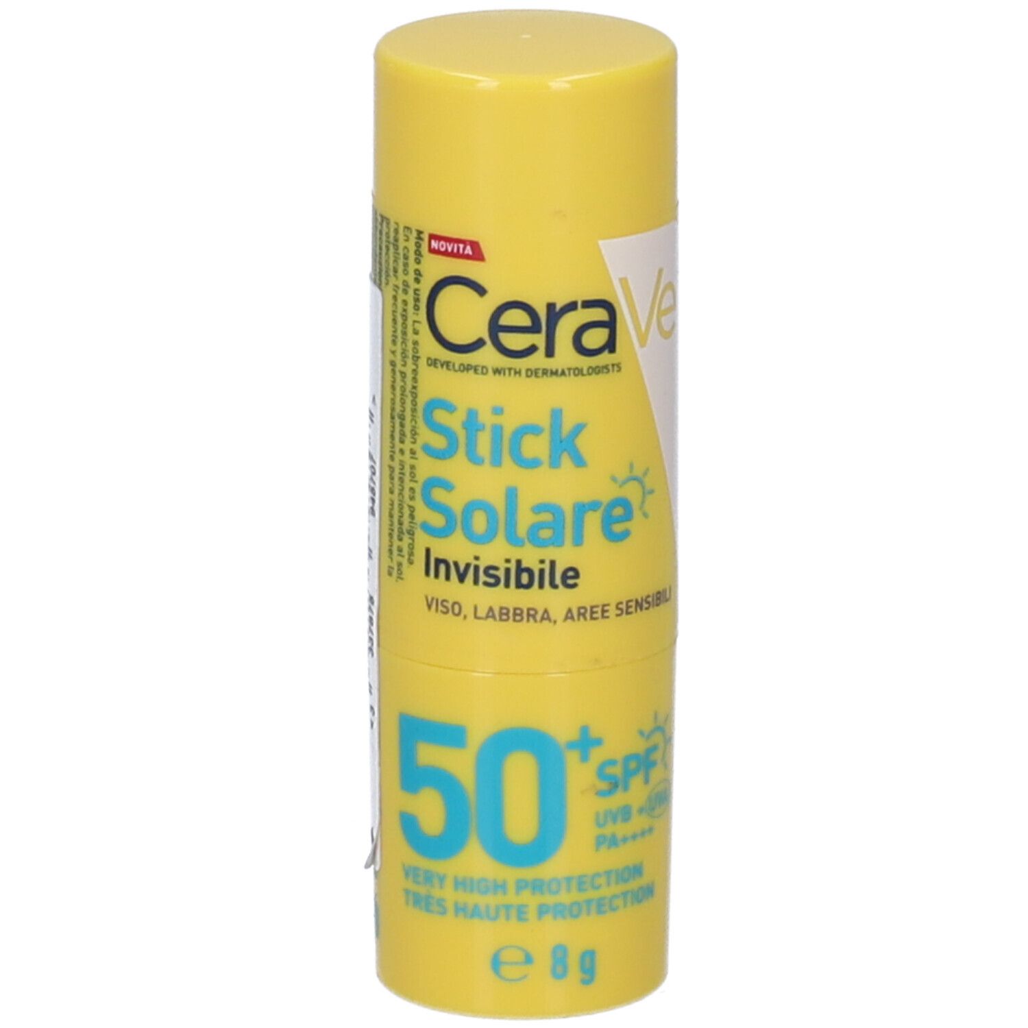 Stick solare giallo con scritte bianche. Marchio: CeraVe. Testo: Stick Solare Invisibile, SPF 50+.