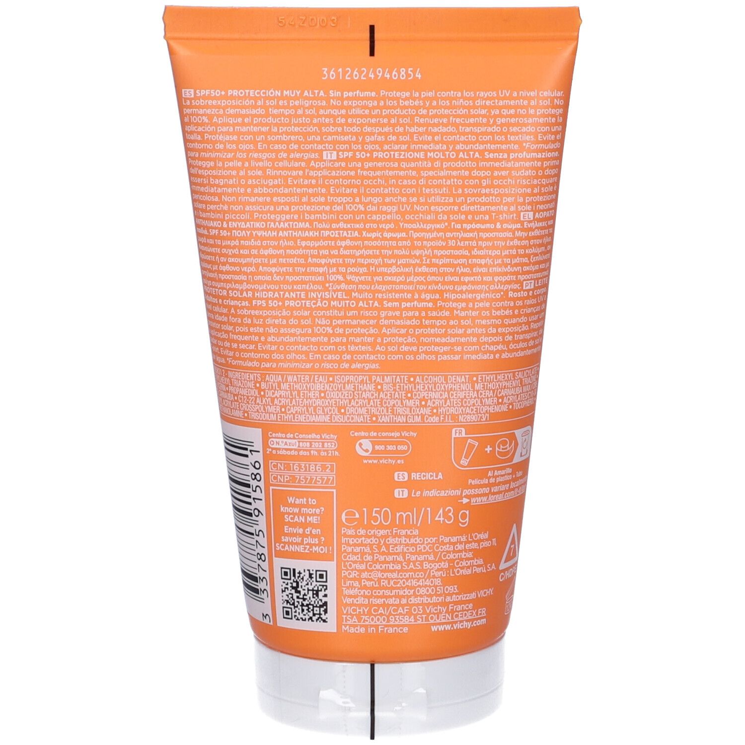 Retro del tubo arancione. Testo e informazioni. Contiene testo in più lingue. 150 ml.