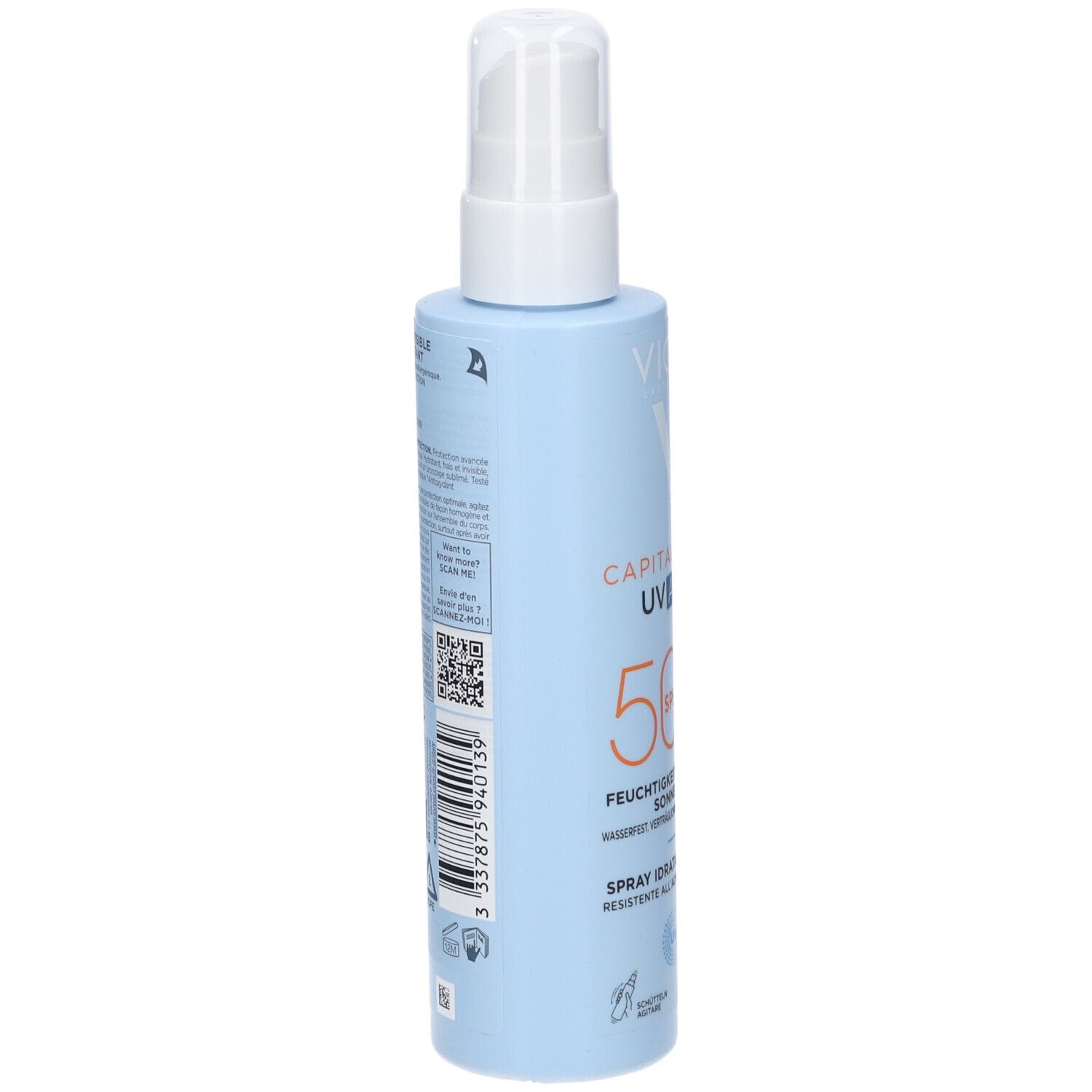 Retro di un flacone spray azzurro Vichy Capital Soleil UV Aqua SPF 50. Con testo e codice a barre.