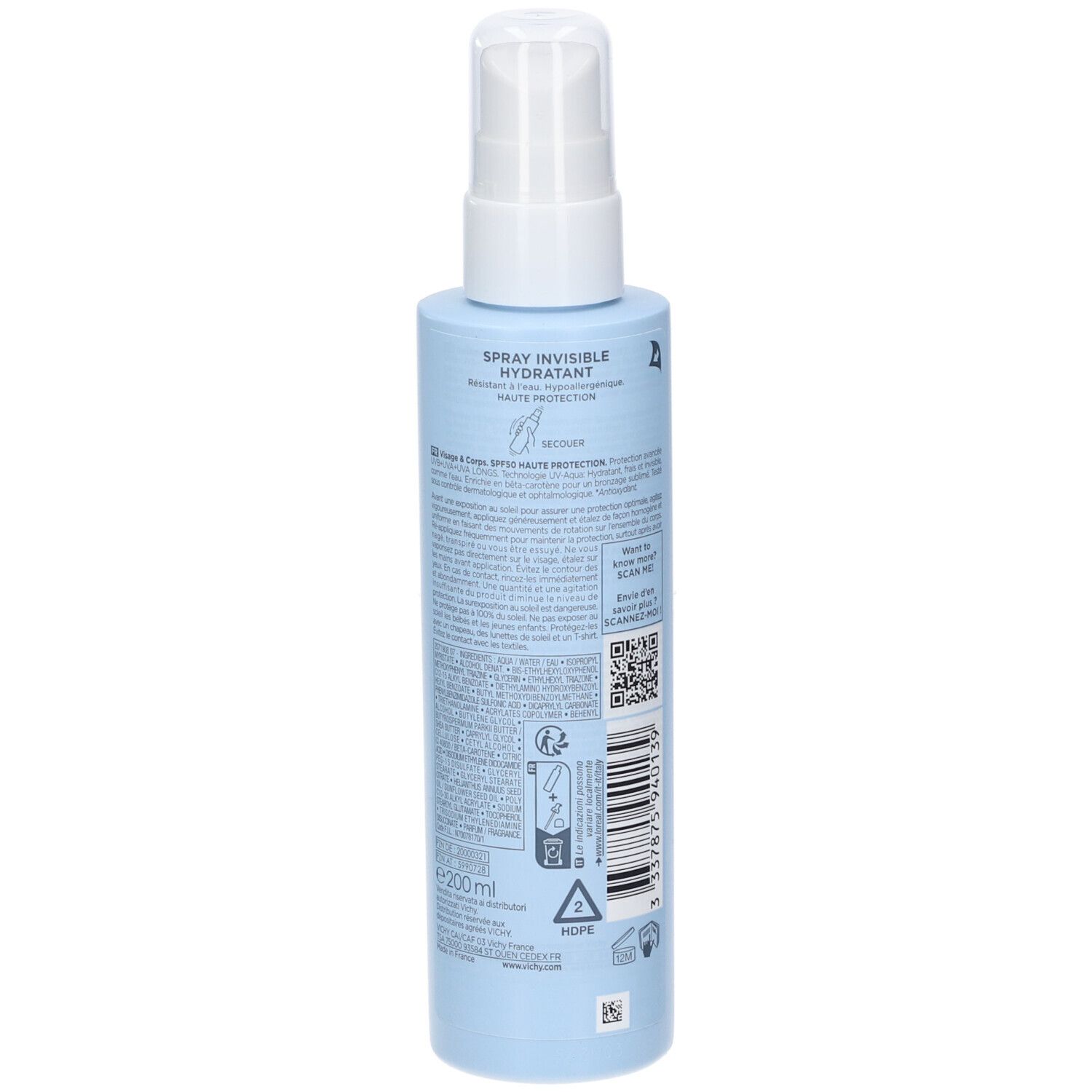 Retro di un flacone spray azzurro Vichy Capital Soleil UV Aqua SPF 50. Con testo e codice QR.