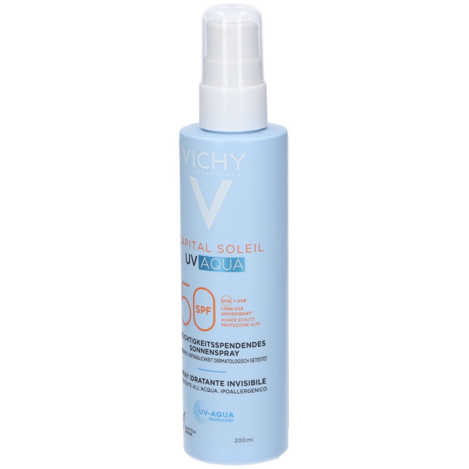 Spray azzurro Vichy Capital Soleil UV Aqua SPF 50. Erogatore bianco. Scritta: Spray solare idratante.