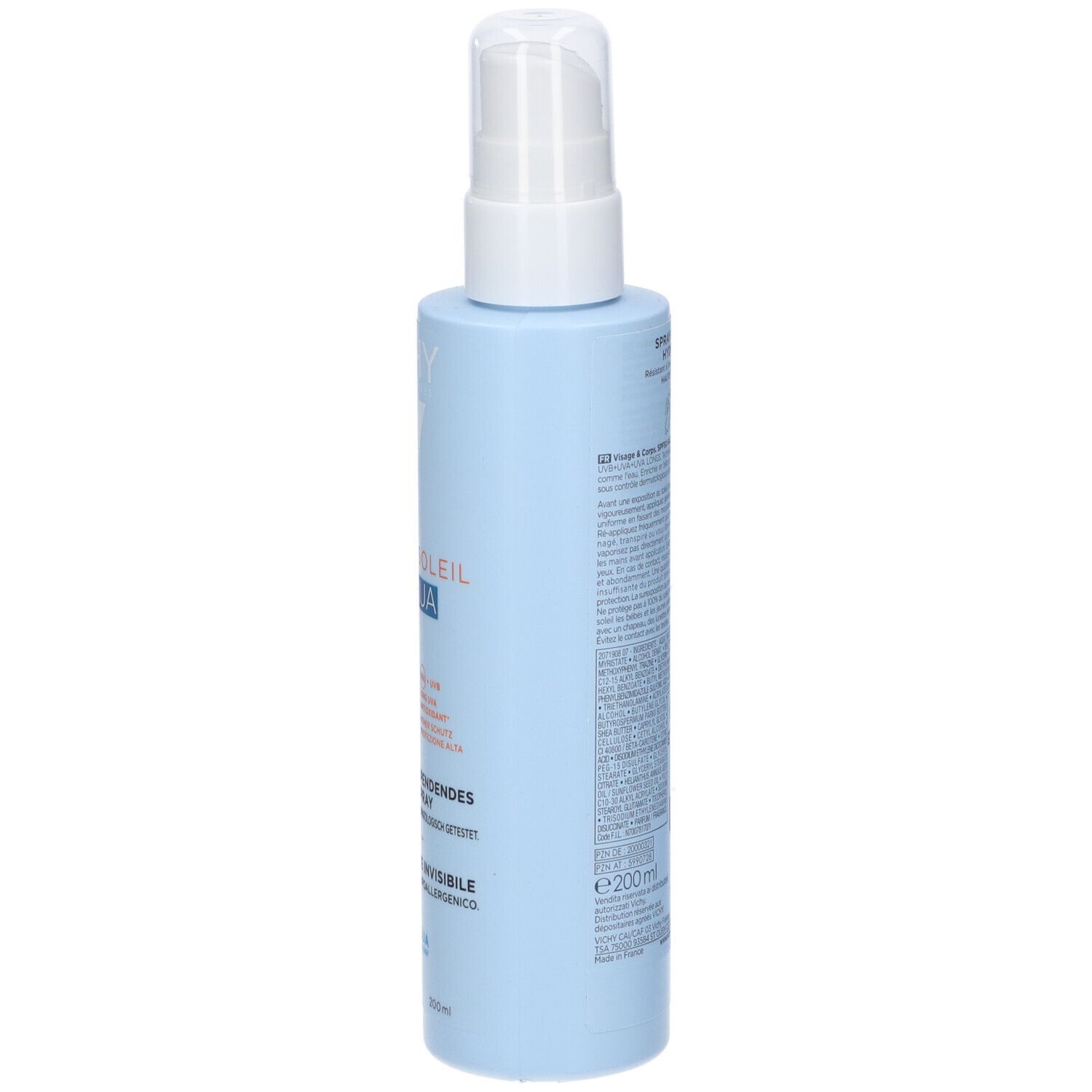 Retro di un flacone spray azzurro Vichy Capital Soleil UV Aqua SPF 50. Con testo.
