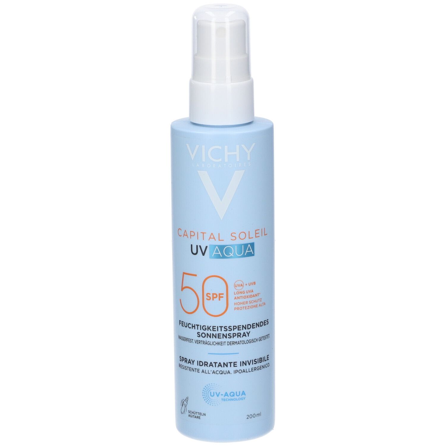 Spray azzurro Vichy Capital Soleil UV Aqua SPF 50. Erogatore bianco. Scritta: Spray solare idratante.