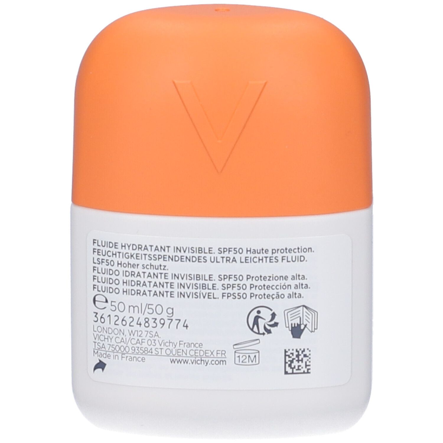 Retro del flacone. Testo: Fluido idratante, SPF50. Ingredienti, informazioni produttore, numero di lotto.