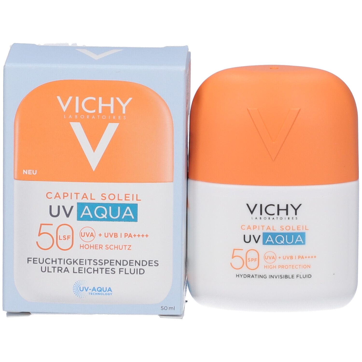 Prodotto e confezione. Flacone e scatola. Scritta: Vichy, Capital Soleil UV Aqua, SPF 50. Nuovo.