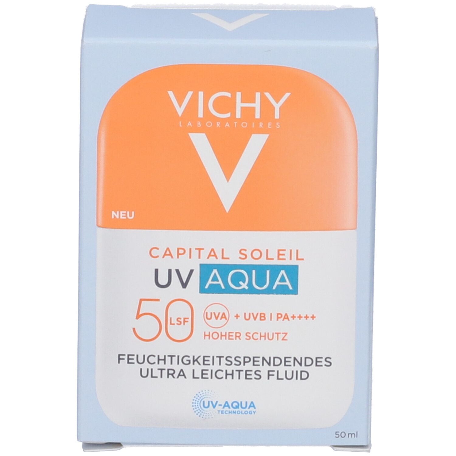 Scatola azzurra. Scritta: Vichy, Capital Soleil UV Aqua, SPF 50. Nuovo. Testo: Fluido idratante.