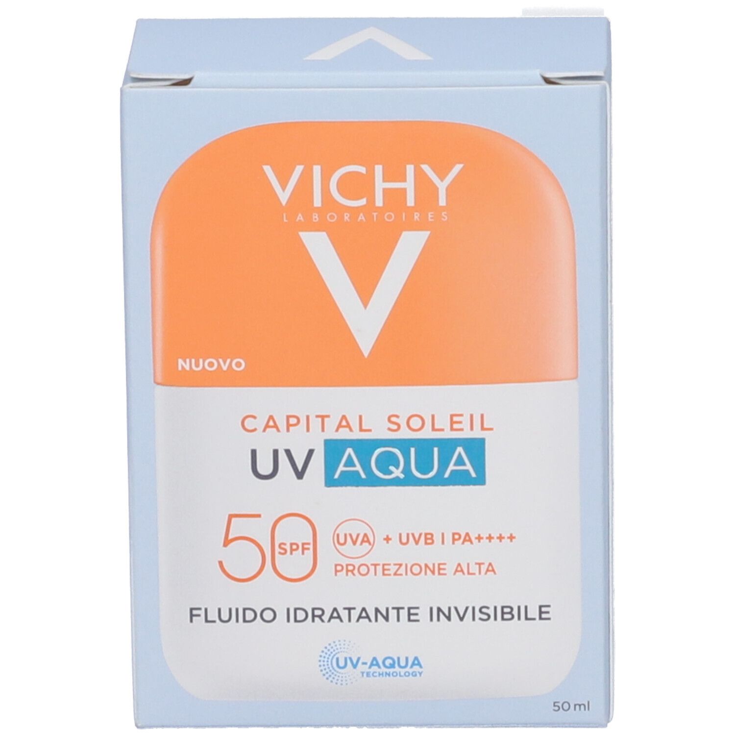 Scatola. Scritta: Vichy, Capital Soleil UV Aqua, SPF 50. Nuovo. Fluido idratante invisibile.